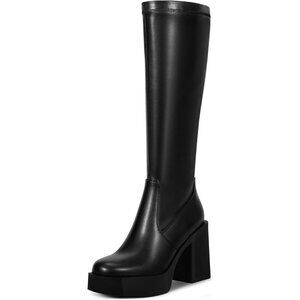 Platform Knee High Boots Chunky High Heel Black Gogo Boot Side Zipper